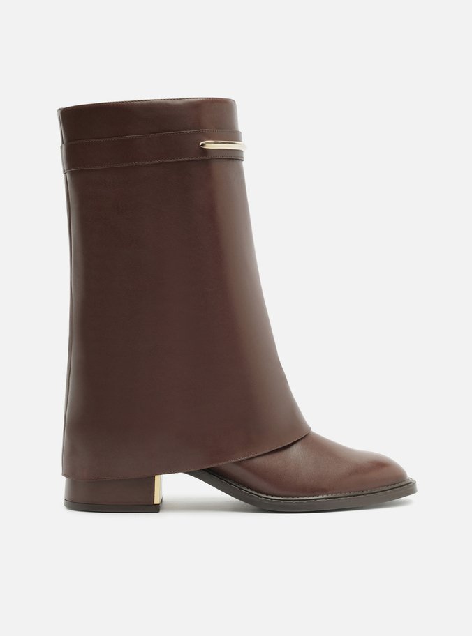 Bota Marrom Couro Cano Médio Polaina Metal