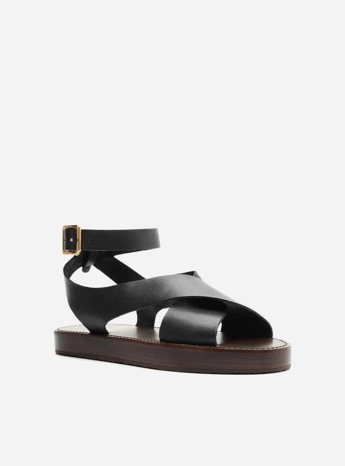 Sandália Preta Couro Flatform Tiras Largas