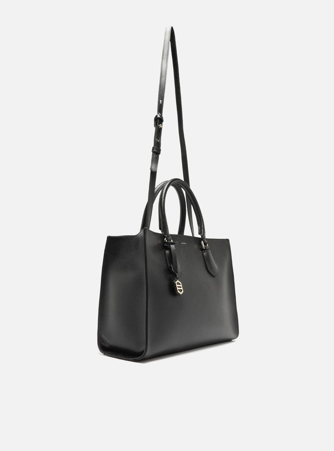 Bolsa Tote Preta Couro Grande Bag Charm Metal