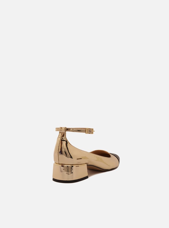 Sapato Boneca Dourado Bico Quadrado Cap Toe