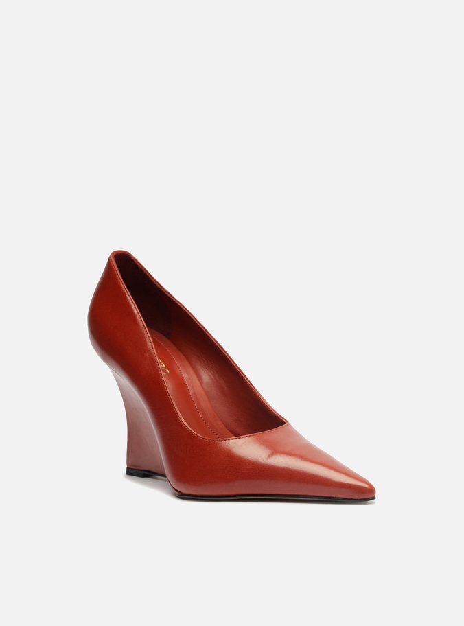 Scarpin Laranja Couro Salto Anabela Bico Fino