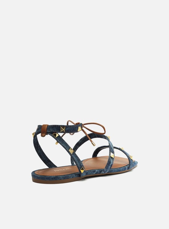Sandália Rasteira Jeans Amarração Spikes Marrom