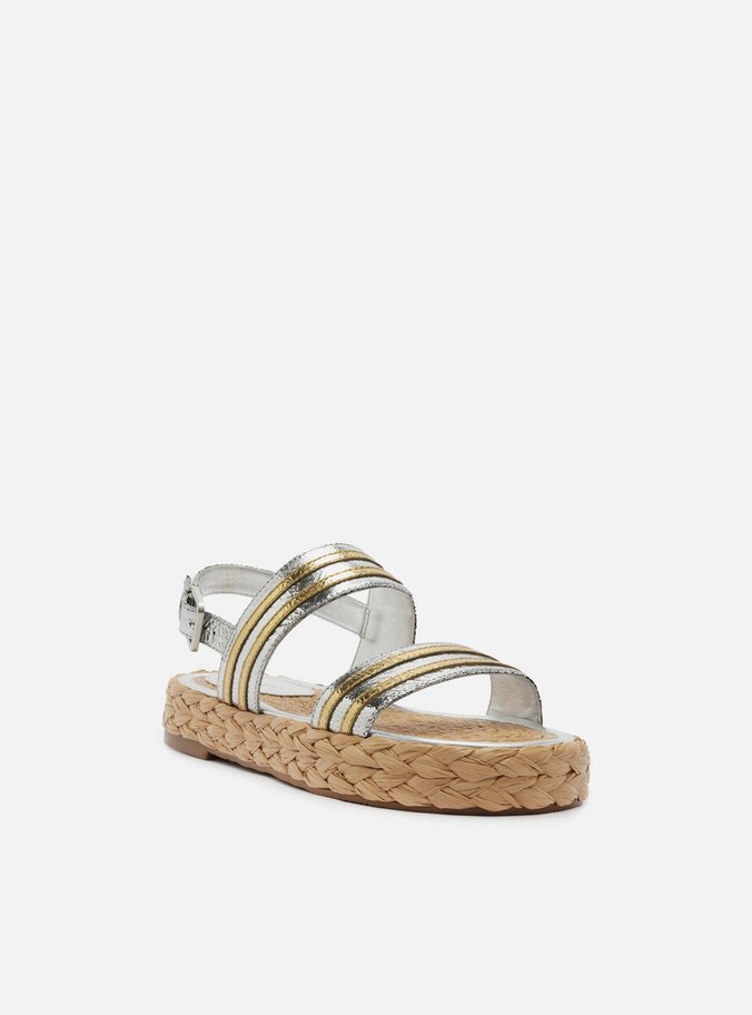 Sandália Papete Metalizada Couro Flatform Fivela
