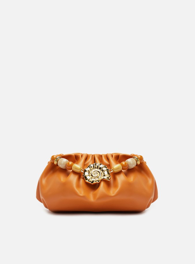 Clutch Laranja Couro Média Pedrarias Concha