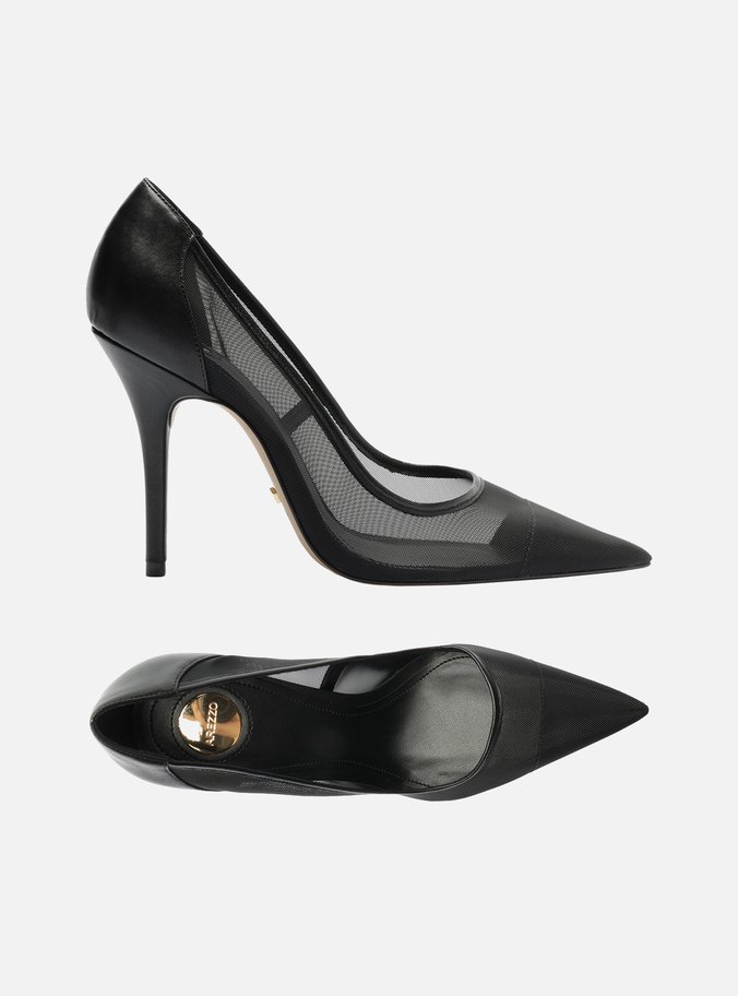 Scarpin Preto Tela Salto Fino Detalhe Couro