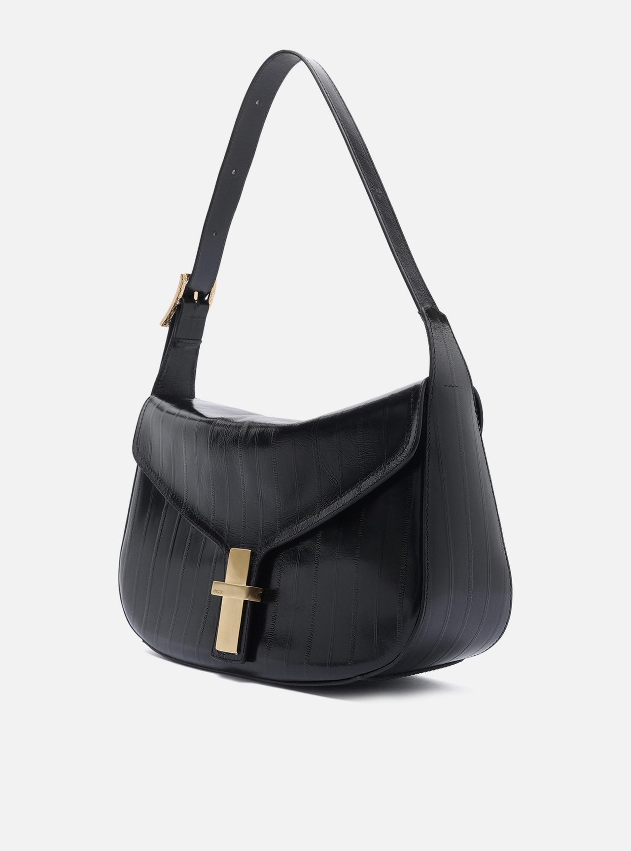 Bolsa Tiracolo Preta Couro Grande Tampo Metal — foto 2
