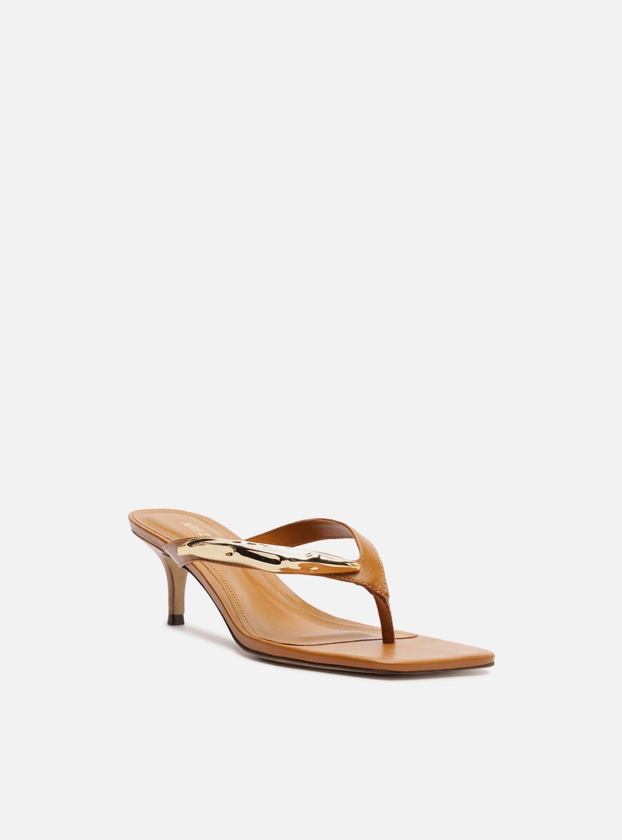 Tamanco Thong Marrom Couro Salto Fino Flip Flop Metal — foto 2