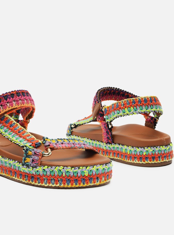 Sandália Papete Colorida Crochê Flatform