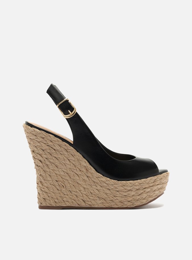Sandália Preta Couro Plataforma Alta Peep Toe