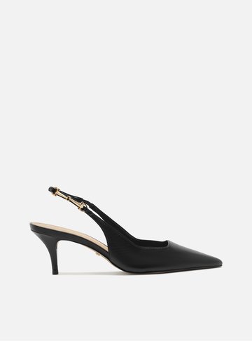 Scarpin Preto Couro Slingback Detalhe Metal
