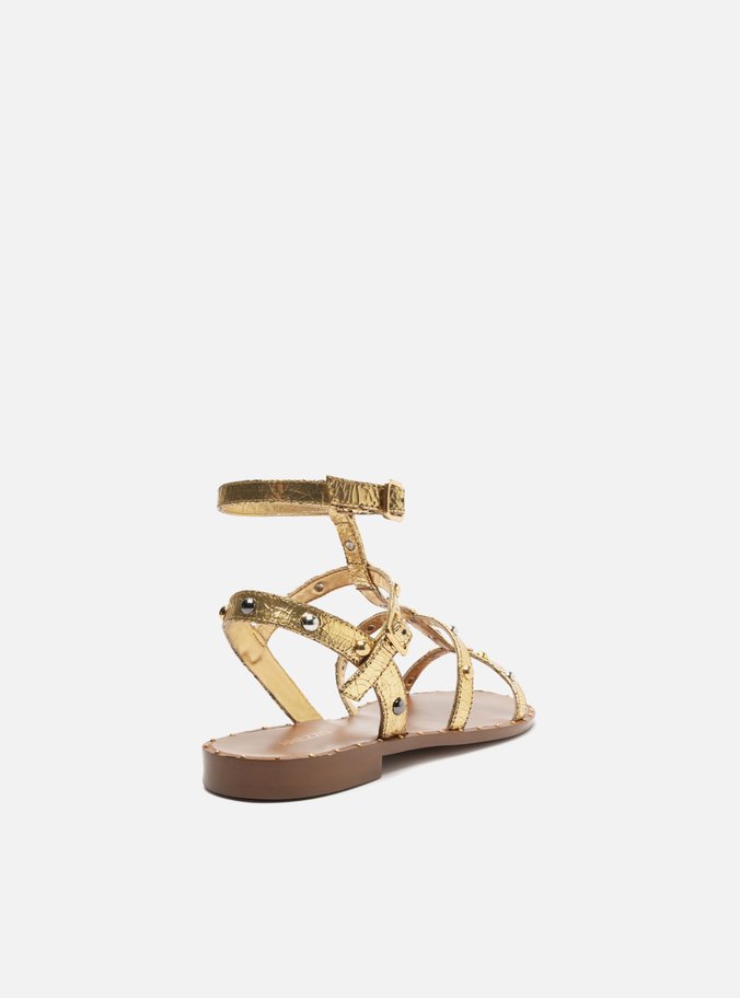Sandália Rasteira Dourada Couro Gladiadora Studs