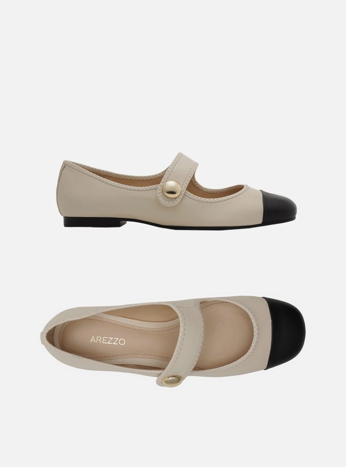 Sapatilha Boneca Off-White Couro Cap Toe Botão