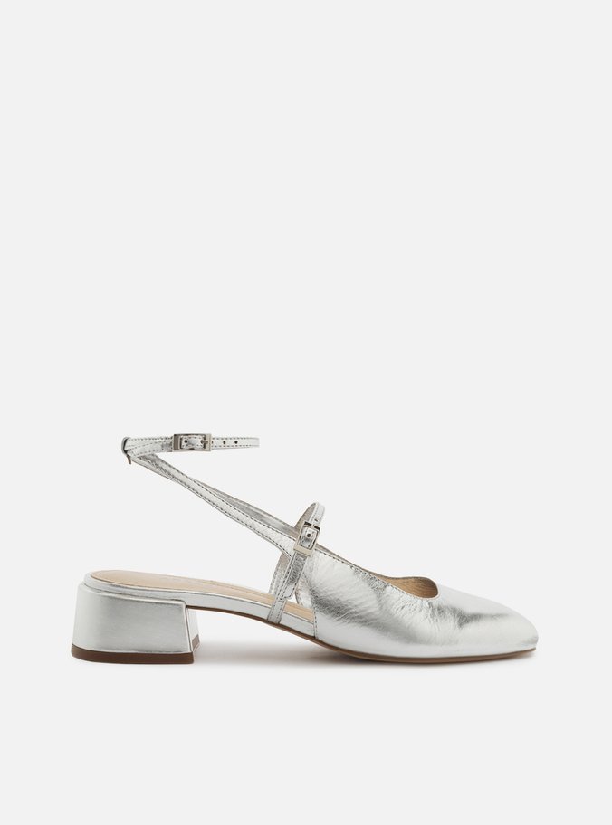 Scarpin Prateado Salto Bloco Fivela Slingback