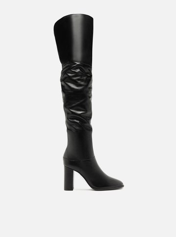 Bota Over The Knee Preta Couro Salto Alto