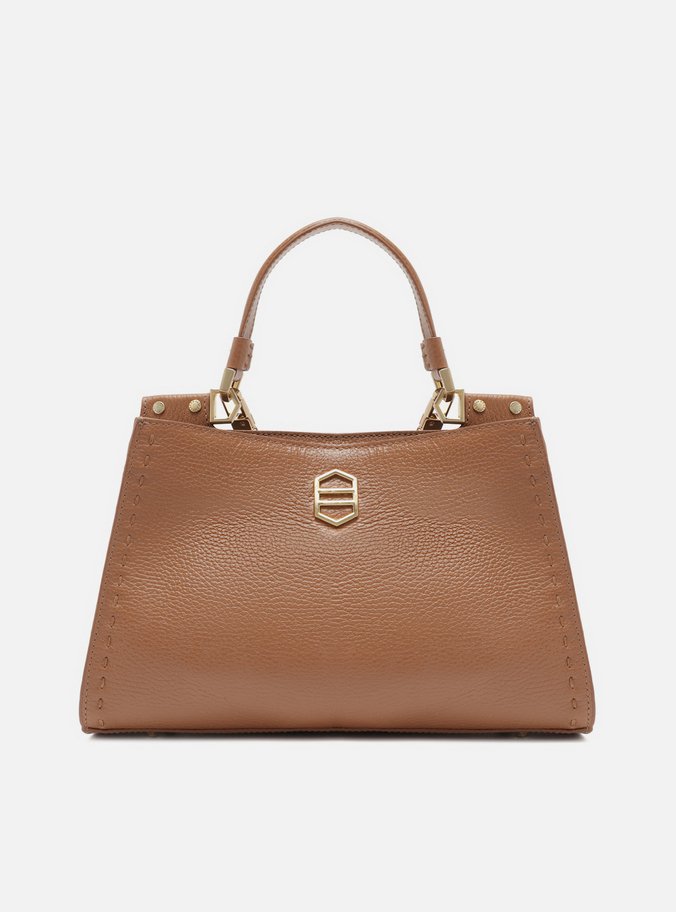 Bolsa Tote Marrom Couro Grande Metal