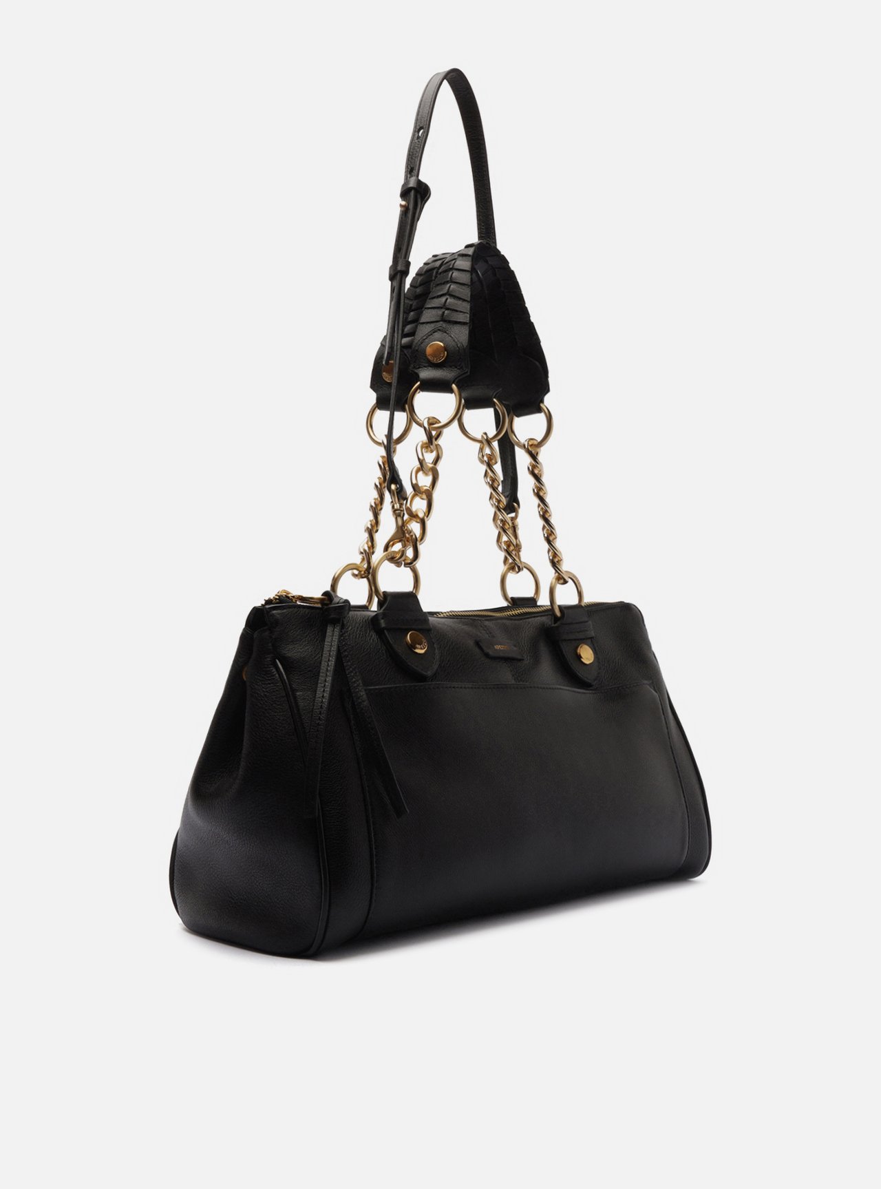 Bolsa Tote Preta Couro Grande Alças Bolso — foto 5
