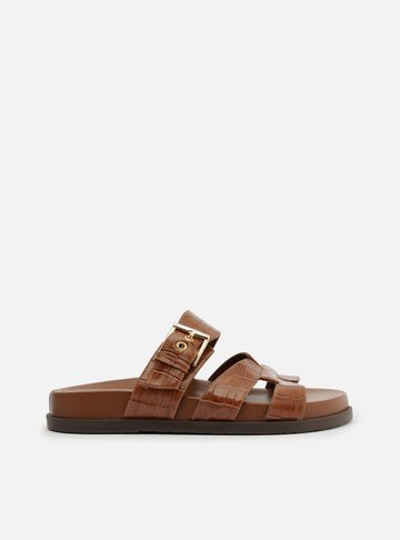 Papete Rasteira Marrom Croco Tira Vazada Fivela