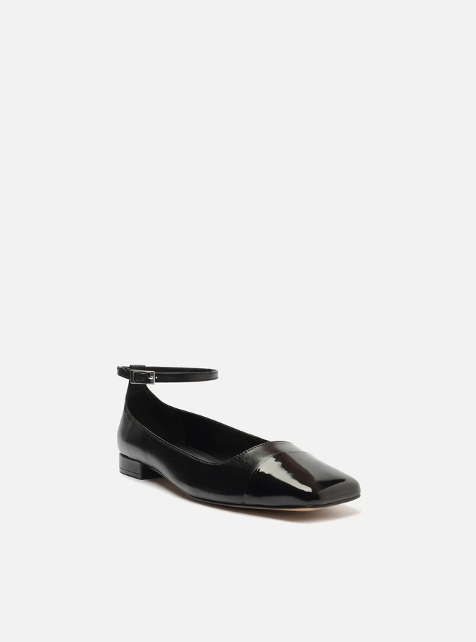 Sapatilha Boneca Preta Couro Cap Toe Fivela