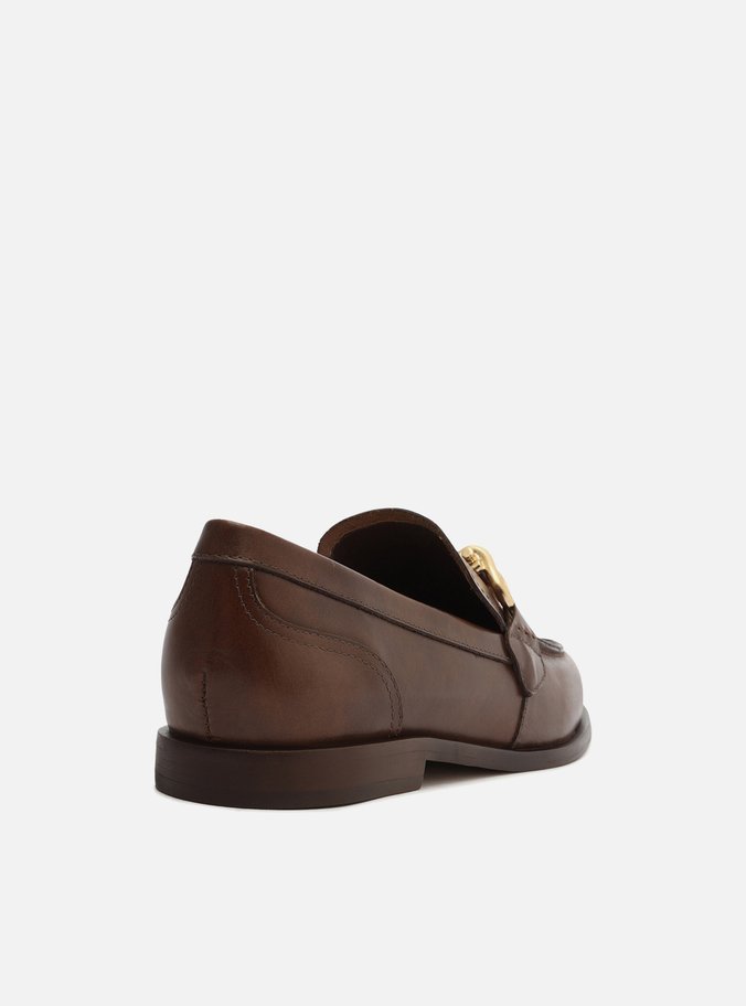 Mocassim Marrom Couro Bico Redondo Metal