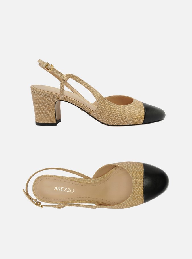 Scarpin Bege Palha Bico Redondo Cap Toe Preto