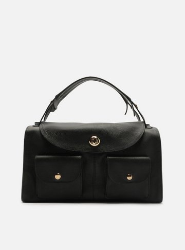 Arezzo — Bolsa Bowling Preta Couro Grande Bolsos Frontais