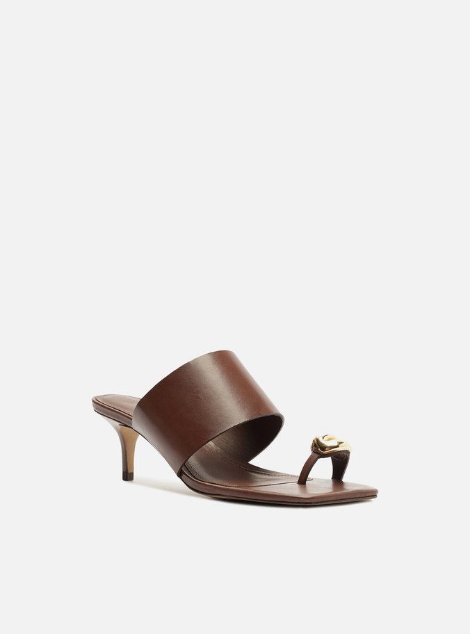 Sandália Marrom Couro Salto Fino Metal Bold