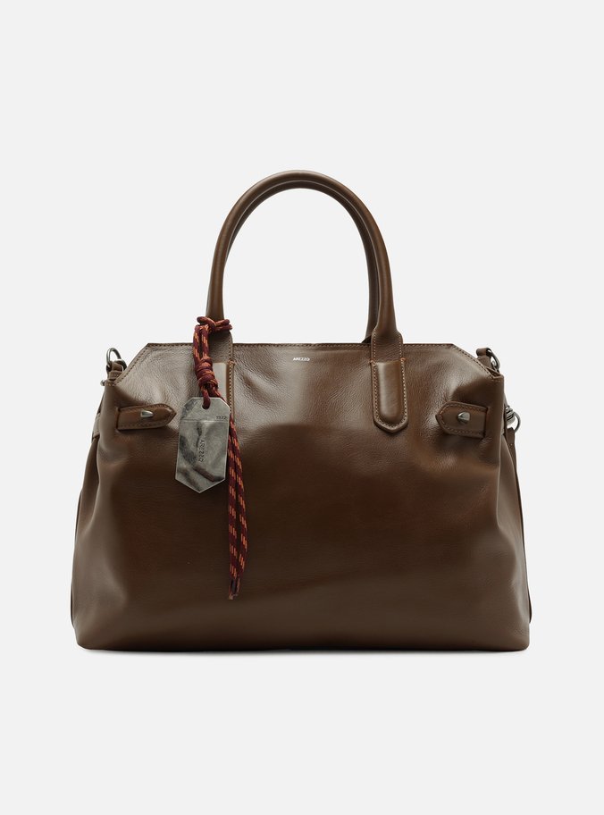 Bolsa Tote Marrom Couro Grande Bag Charm Metal