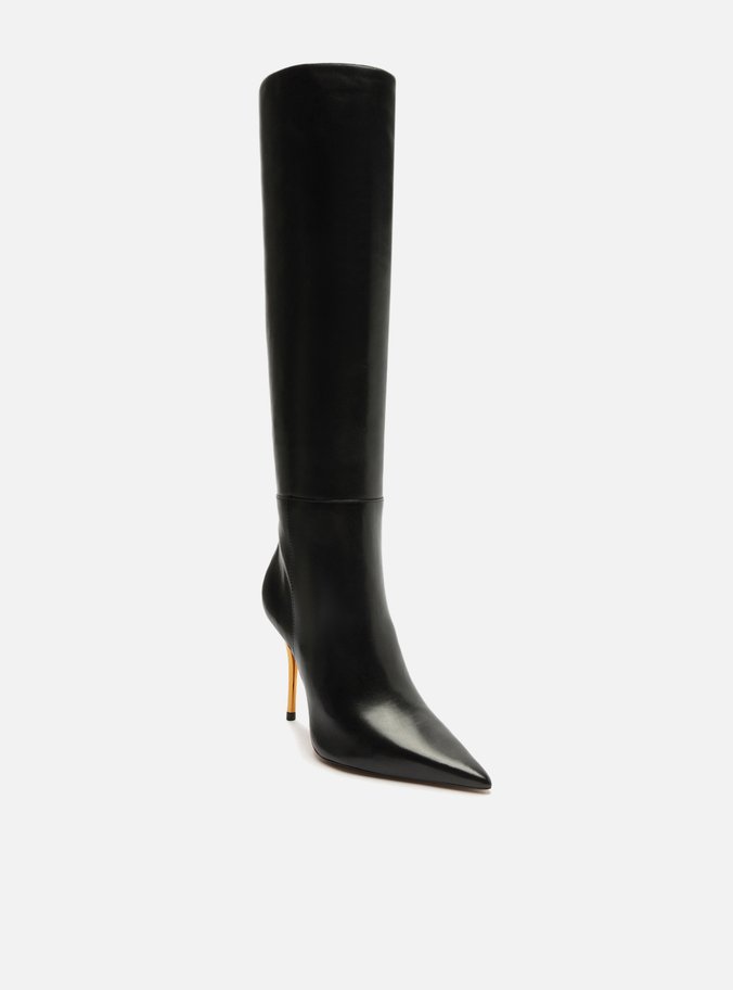 Bota Preta Couro Cano Longo Salto Alto Dourado