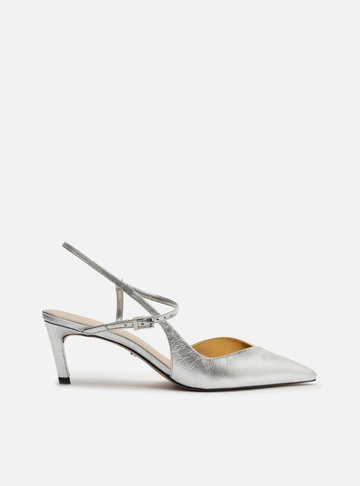 Scarpin Prateado Salto Médio Slingback Cruzado
