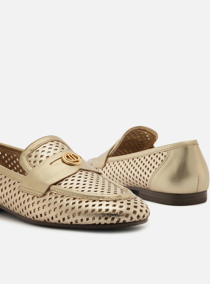 Mocassim Dourado Couro Bico Redondo Vazado Metal