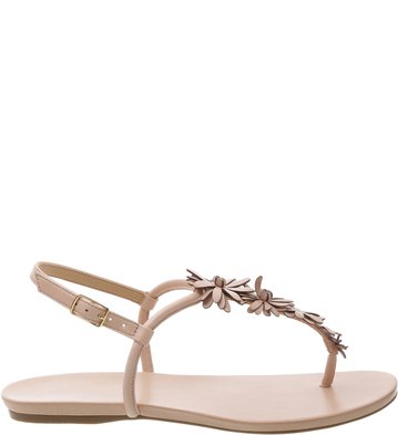 Sandália Rasteira Couro Flores Peach Rose