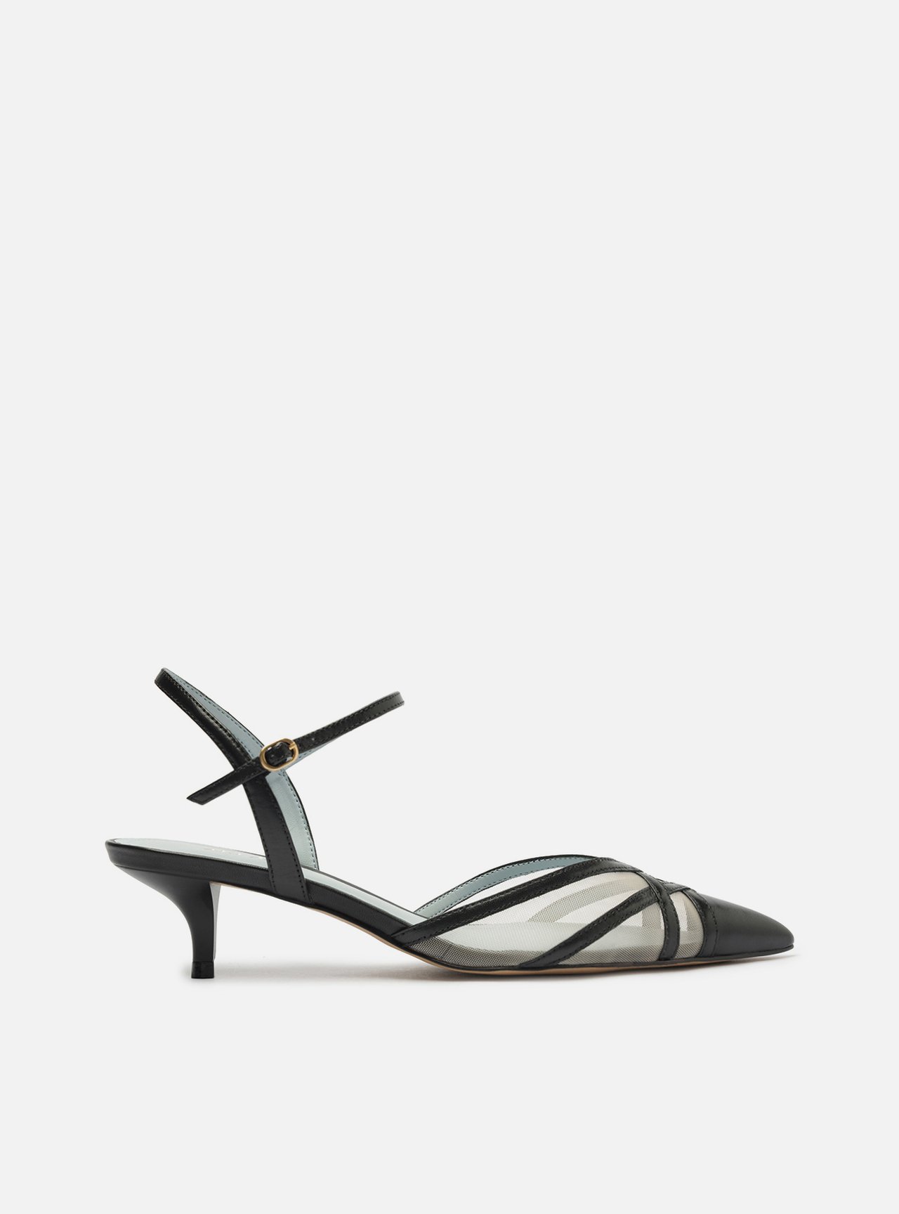 Scarpin Preto Couro Tela Salto Baixo Fivela | Arezzo