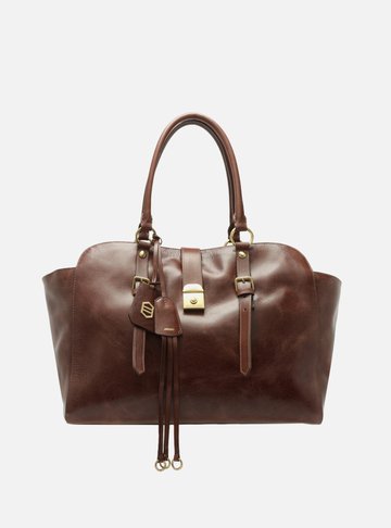 Bolsa Tote Marrom Couro Estonado Grande Metal