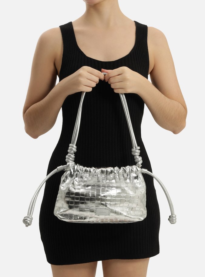 Bolsa Bucket Prata Couro Tressê Média