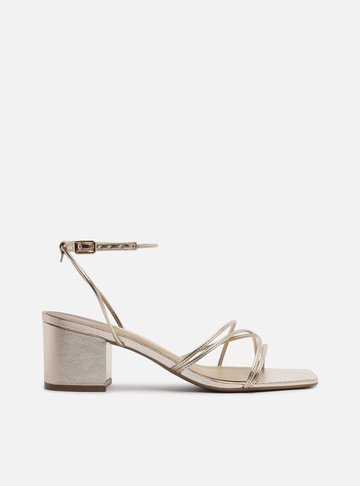 Sandália Dourada Salto Bloco Tiras Finas Fivela