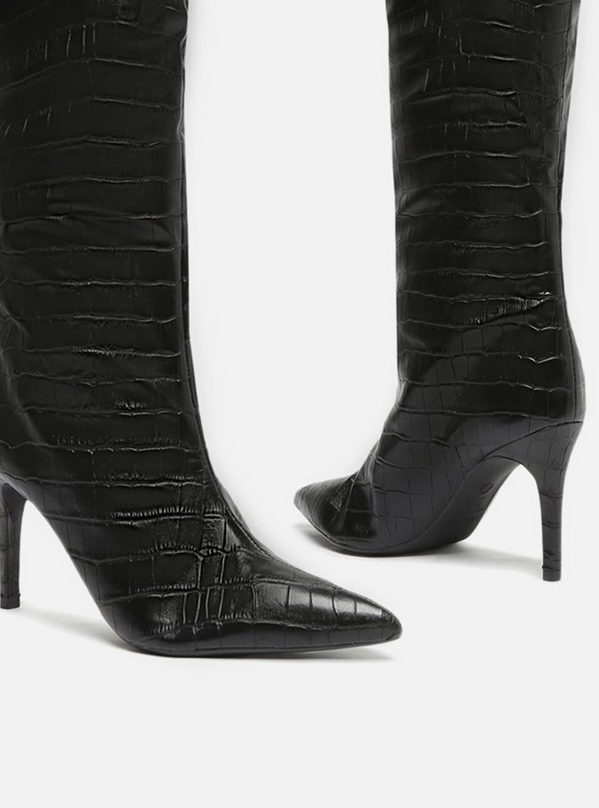 Bota Preta Croco Cano Longo Salto Fino