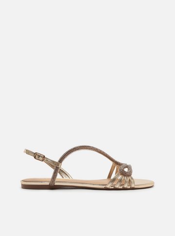 Sandália Rasteira Dourada Tira Curva Pedrarias