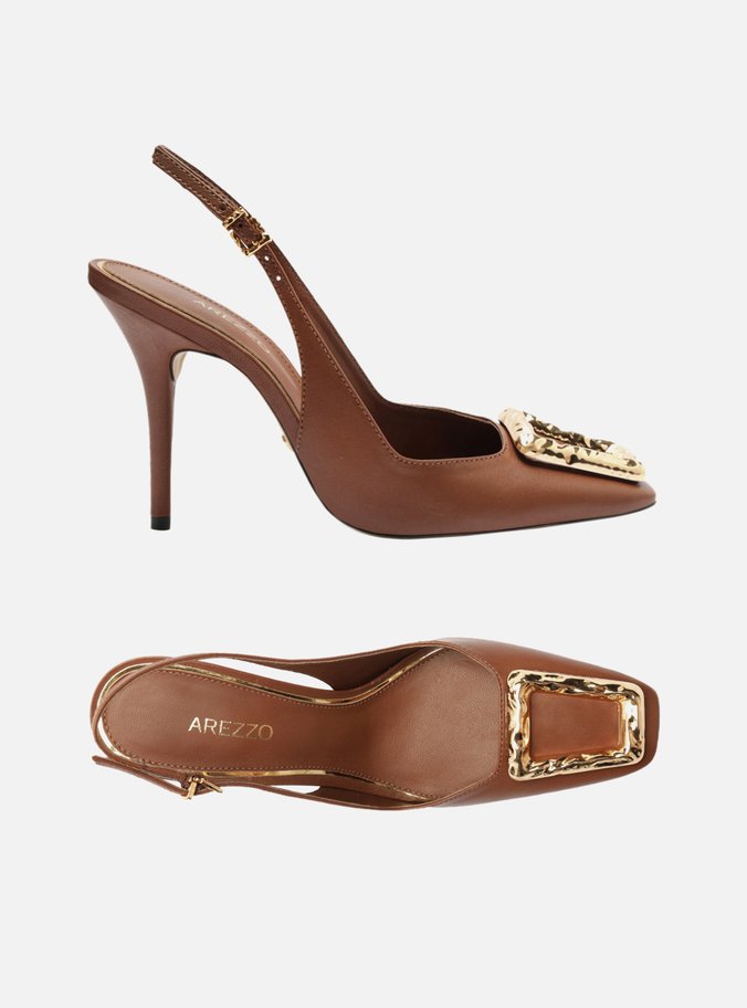 Scarpin Marrom Couro Bico Quadrado Slingback Metal