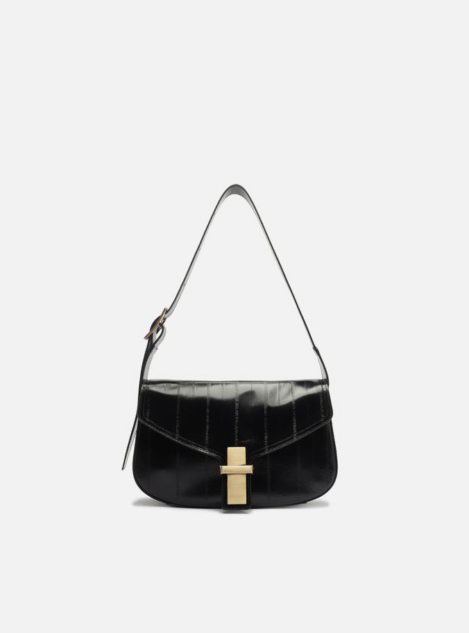 Bolsa Tiracolo Preta Couro Pequena Tampo Metal