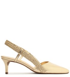 Scarpin Dourado Couro Salto Médio Tira Tressê