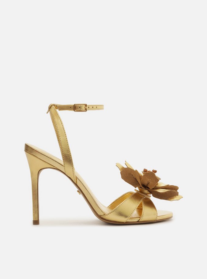 Sandália Dourada Couro Salto Fino Flor