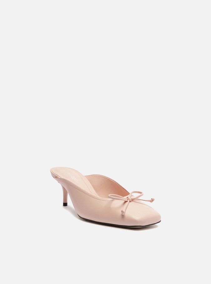 Mule Rosa Couro Salto Fino Bico Quadrado
