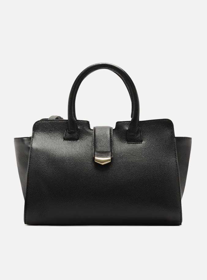 Bolsa Tote Preta Couro Grande Lapela Metal