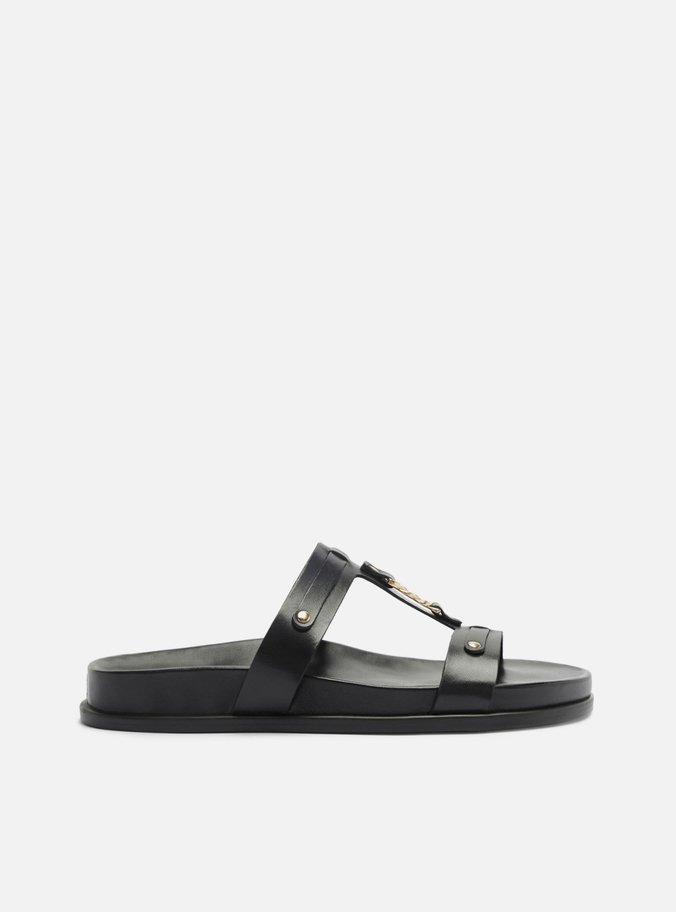 Sandália Papete Preta Couro Flatform Metais