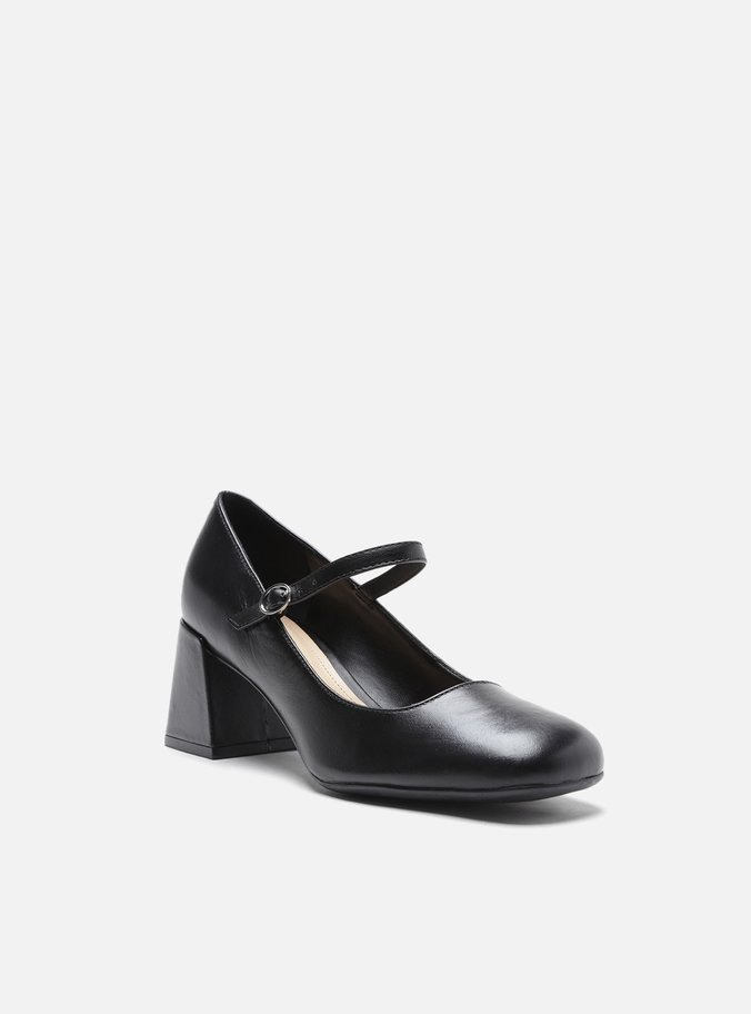 Sapato Boneca Preto Couro Salto Bloco Tira Fivela
