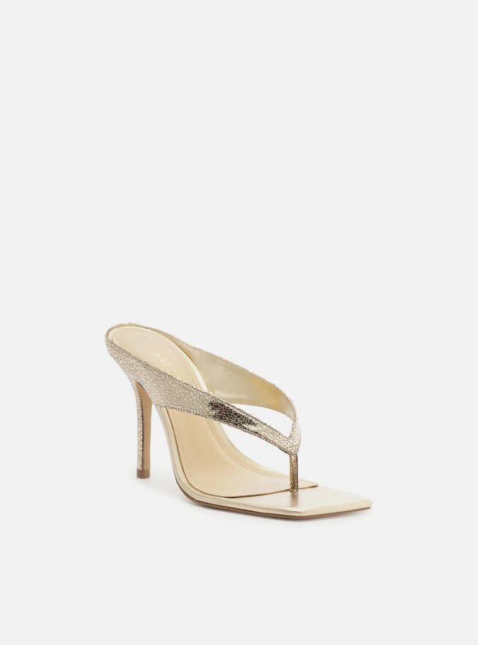 Tamanco Dourado Couro Salto Alto Thong