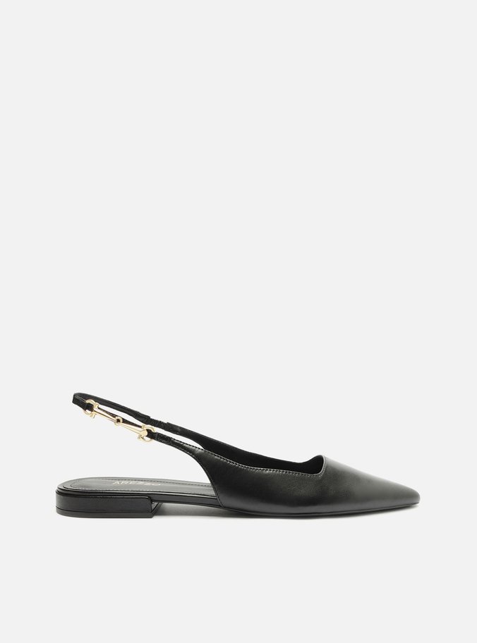 Sapatilha Preta Couro Slingback Detalhe Metal