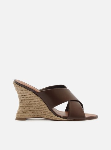 Sandália Marrom Couro Anabela Corda Tiras Cruzadas