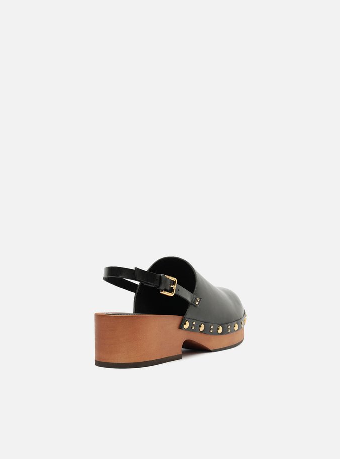 Mule Clog Preta Couro Salto Médio Tira