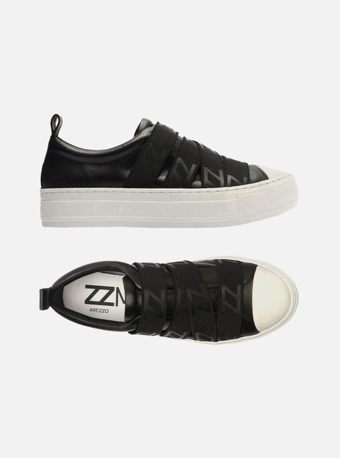 Slip On Preto Couro Flatform Elásticos